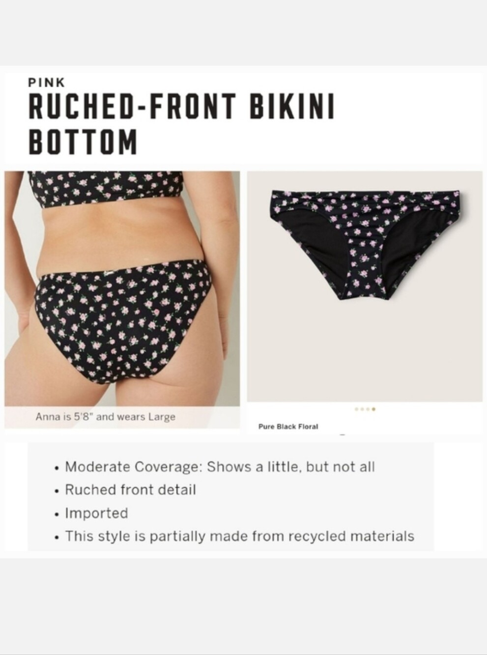 Victoria's secret pink ruched-front bikini swim bottom BLACK FLORAL XLARGE